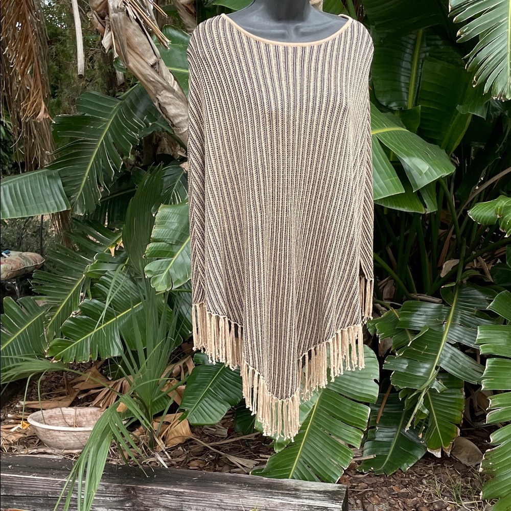 Chico’s metallic gold, striped fringe poncho, scarf, or wrap